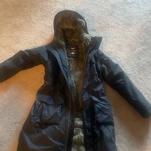 Black fur lined mid length winter coat